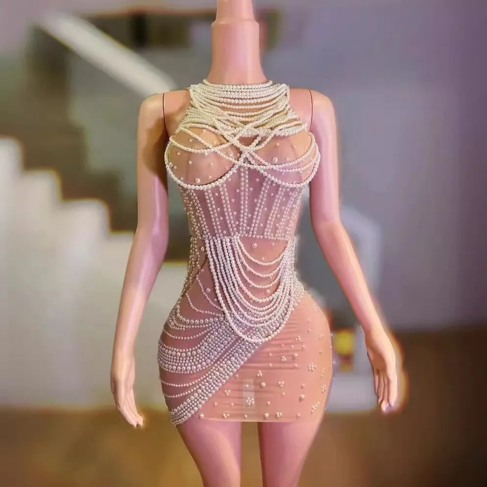 

Women Sexy Elegant Pearl Sleeveless Stretch Mini Dress Evening Party Nightclub Bar Party Female Singer Stage Performance Costume