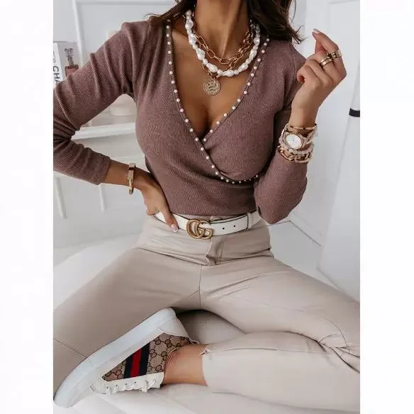 Women Solid Color Popular V-neck Knitted Long-sleeved Beading Pearl Pullover Blouse T Shirt Top