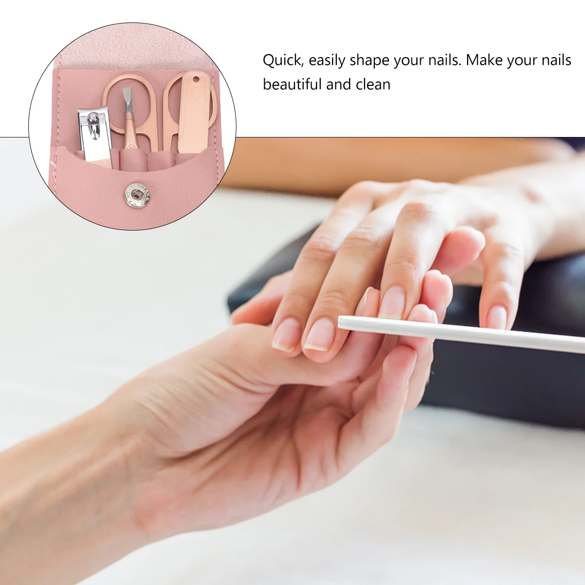 Zestaw do manicure ze stali nierdzewnej w kolorze różowego złota, pilnik, pęseta do brwi, nożyczki kosmetyczne, etui PU do użytku domowego i w podróży.