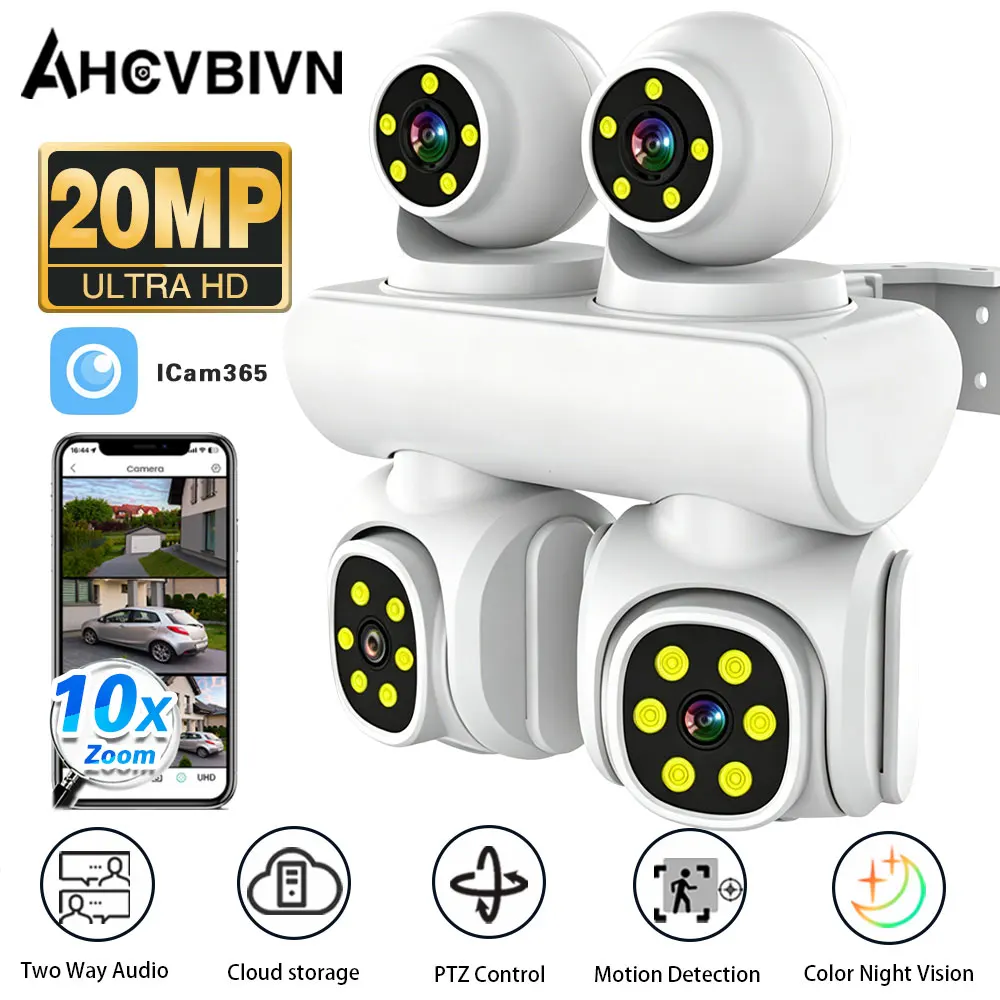 

10K 20MP WiFi-камера видеонаблюдения с 4 объективами, 4 экранами, 360° обзором ° Уличная видеокамера видеонаблюдения CCTV с 10-кратным зумом, водонепроницаемая, для домашнего использования