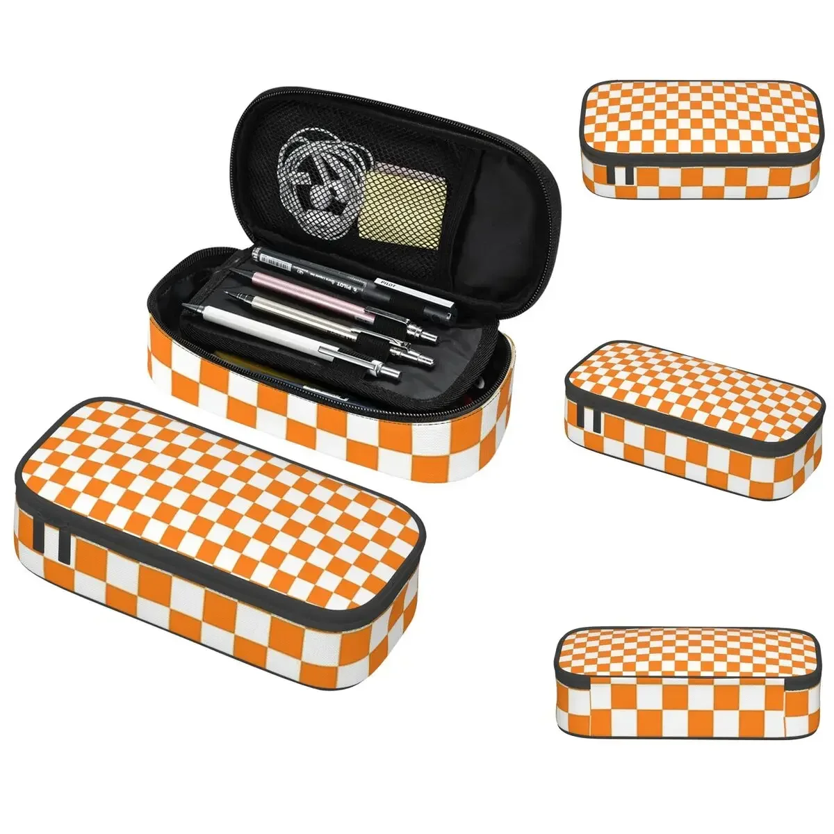 

Orange White Checkered Pattern Pencil Case for Kids Gifts Pen Box Pencil Bag Stationery Supplies Pen Holder Bag