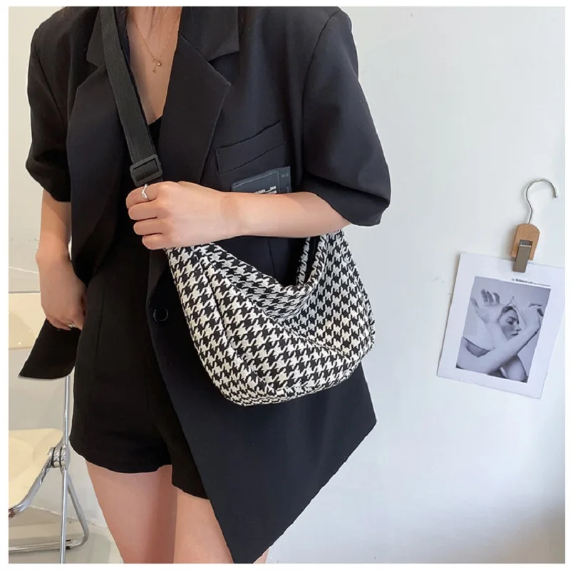 Classic Houndstooth Crossbody Bags Women Ins All Match Zipper Hobos Basic Stylish Shoulder Female Street Chic Simple Teenagers