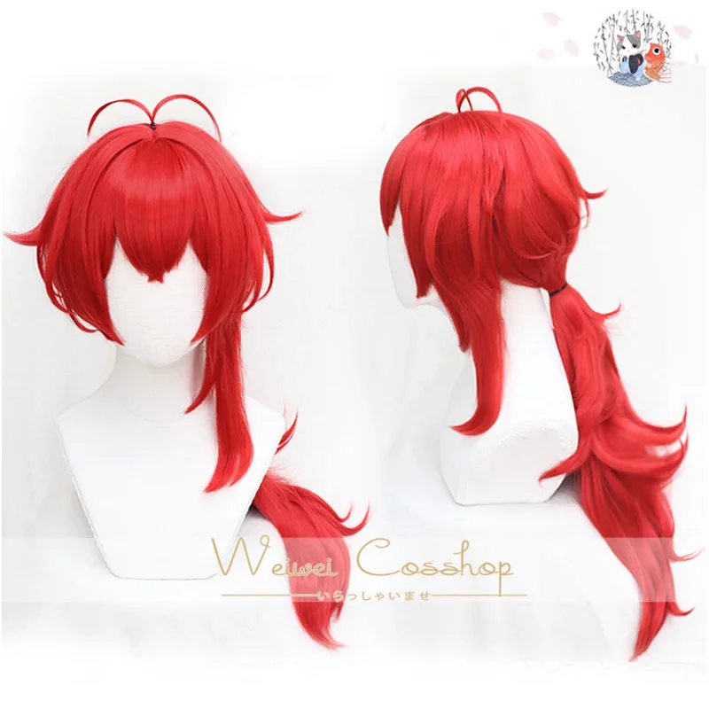 Game Genshin Impact Diluc Orange Red Long Wig Cosplay Costume Heat Resistant Synthetic Hair Men Women Wigs + Wig Cap