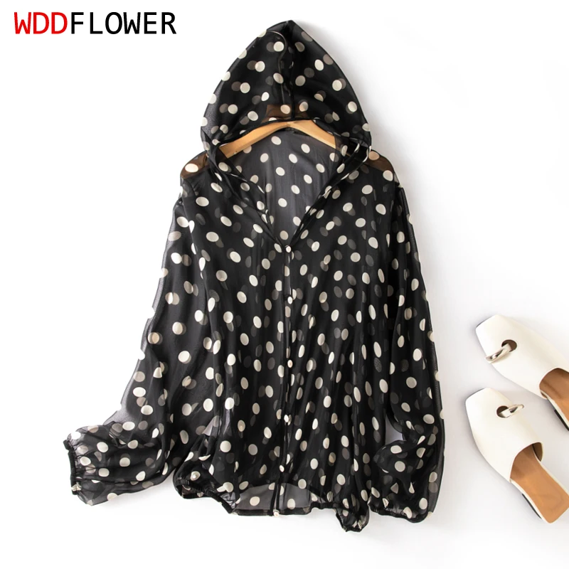 

Women Cardigan 100% Mulberry Silk Thin Type Hoodie Buttons Down Long Sleeve Black Polka Dots Coat Top Blouse Summer Beach FF046