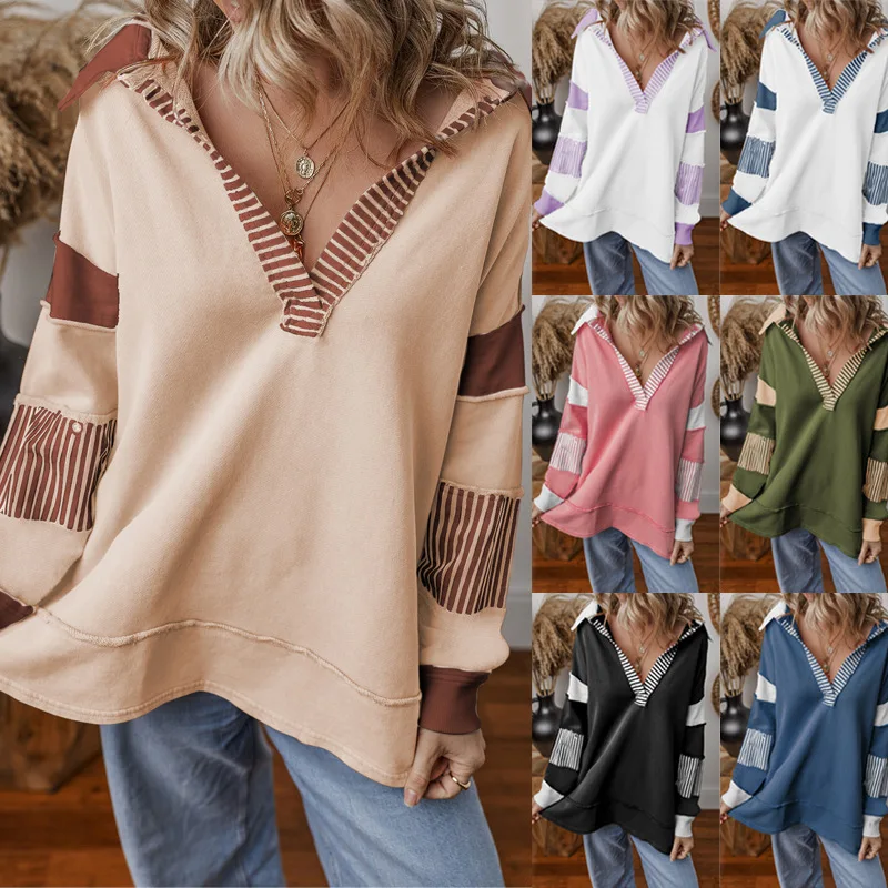 

Women's Blouses Spring Fashion Deep V-neck Pullover Striped Color-blocked Long-sleeve Loose Sweatshirt Tops Casual T-shirt Women