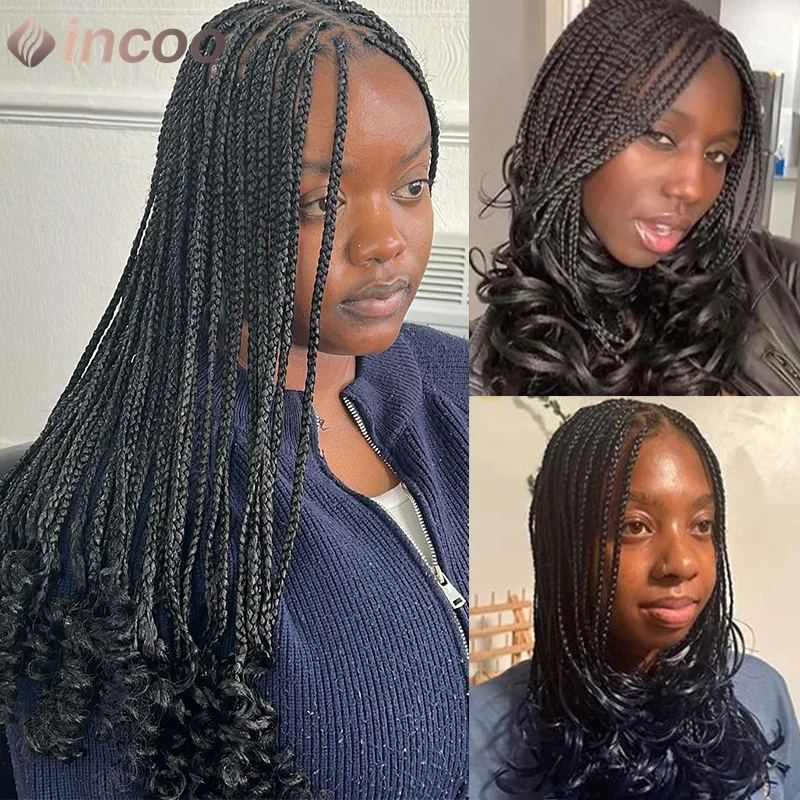 Peruca trançada em caixa sintética para mulheres negras, renda cheia, deusa encaracolada francesa, boho locs, peruca trançada, 18"