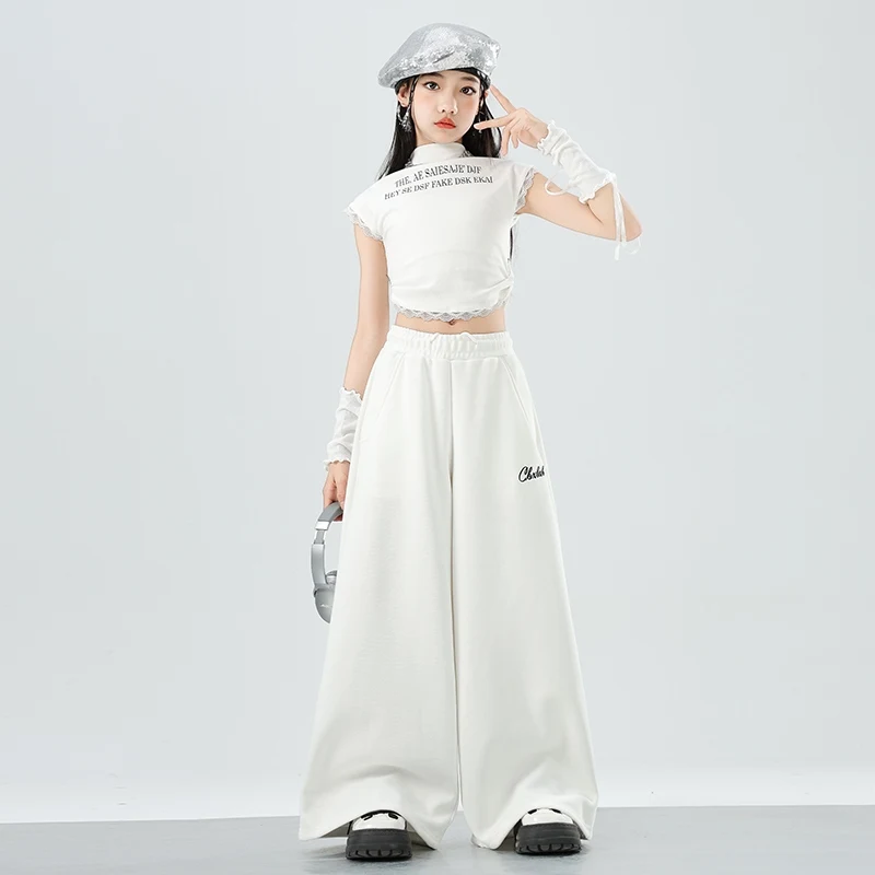 Mädchen Weiß Anzug Kleidung Hip Hop Jazz Dance Kostüme Kurzarm Top Pailletten Hüfte Schal Hosen Kpop Street Dance Tragen DQL10597