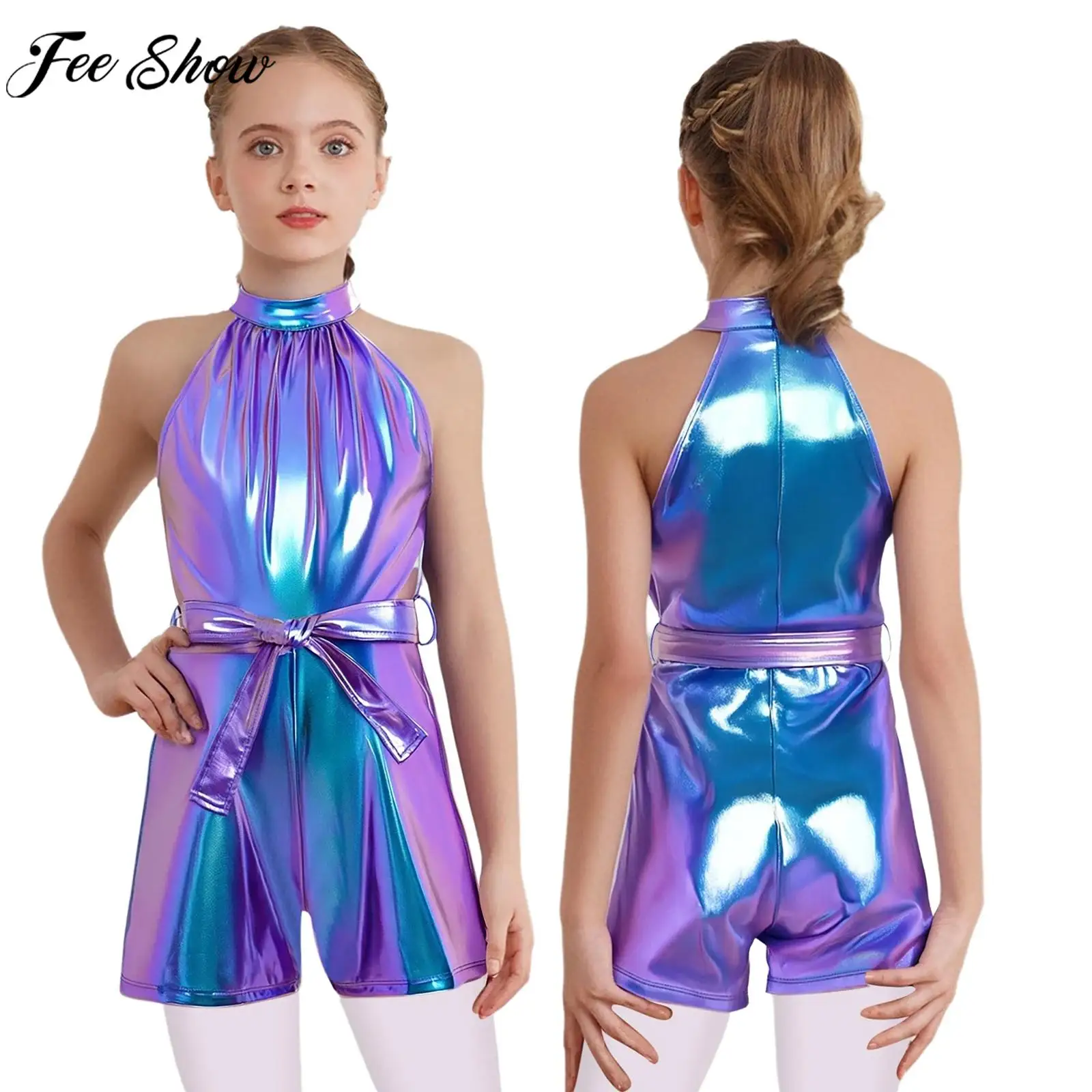 Children Girls Sleeveless Metallic Shiny Zipper Jazz Dance Bodysuit with Belt School Party Carnival Stage Performance Dancewear
