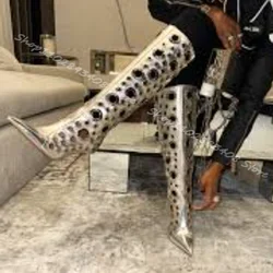 Silver Hollow Stiletto Knee Boots Pointed Toe Side Zipper British Style Spring Party Casual Women Boots 2024 Zapatos Para Mujere