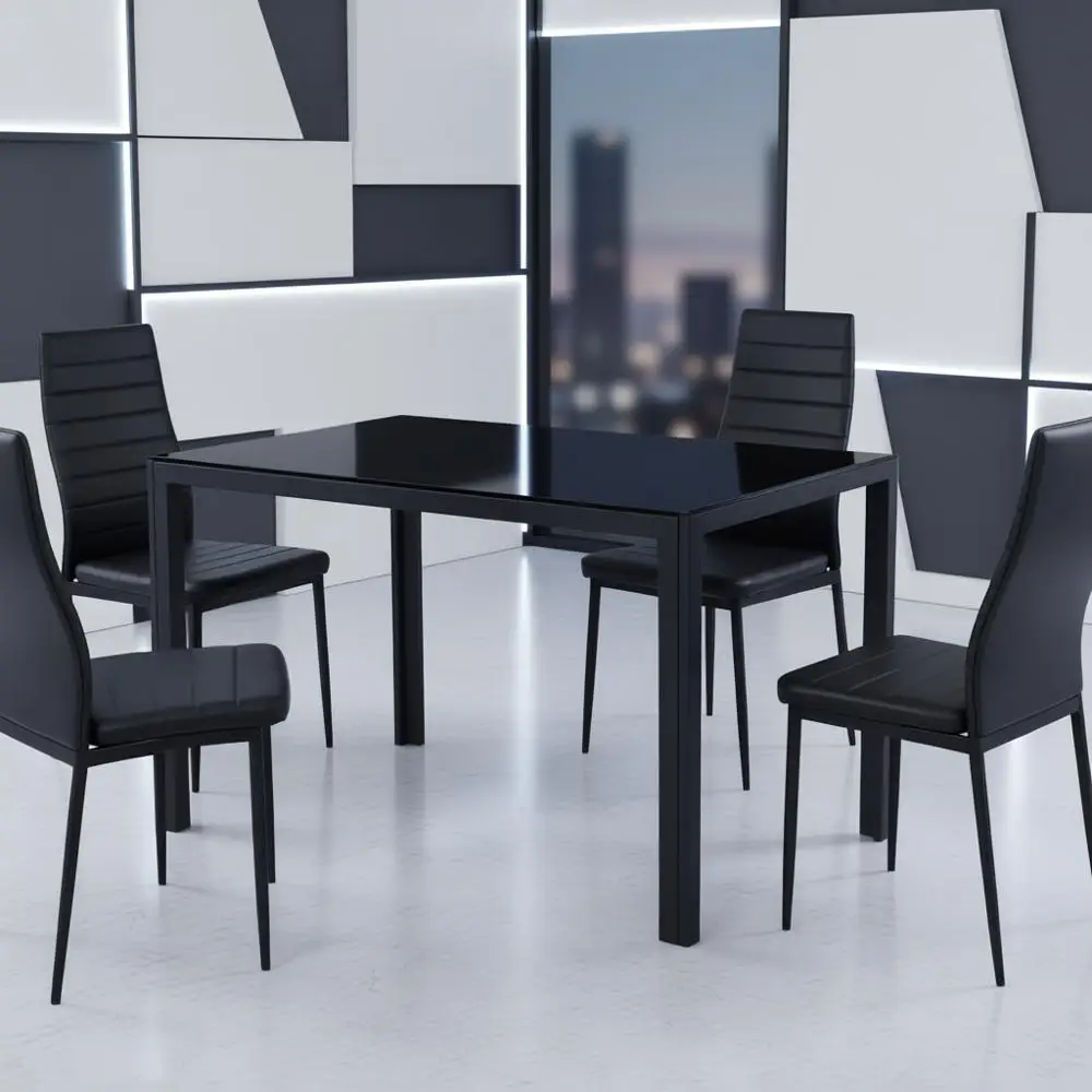 Moderne eetset met glazen blad voor 4 personen, compacte rechthoekige metalen tafel met leren stoelen voor kleine appartementen