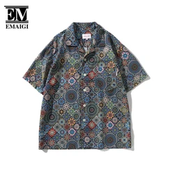 Men Summer Vintage Flower Print Fashion Loose Casual Short Sleeve Beach Shirts Male Korean Net Celebrity Dress Shirts Blouses