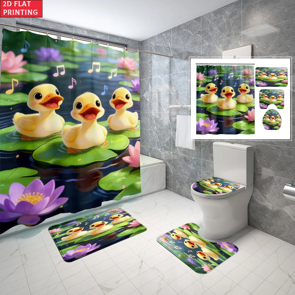 

1pc/4pcs Shower Curtain and Bath Mat Set with Ducklings On Lily Pads With Music Notes Non-Slip Bathroom Decor, with 12 hooks