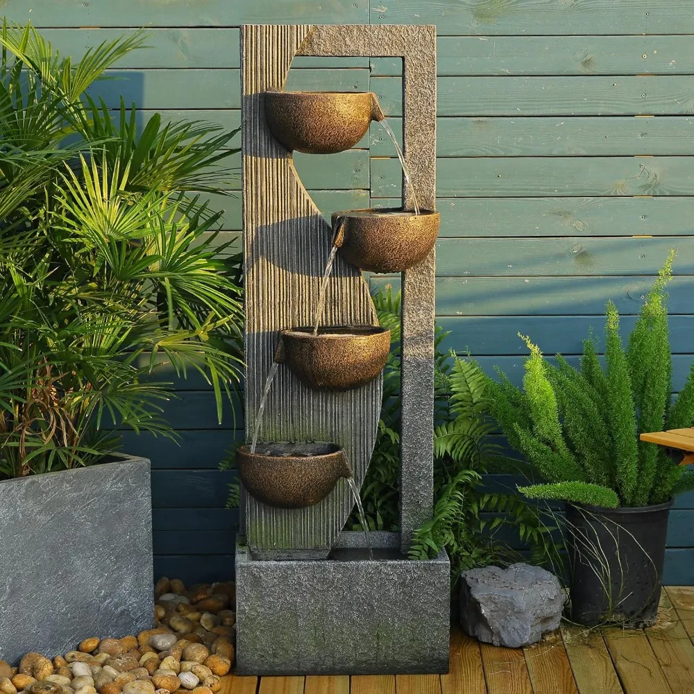 

Fountain, 5-Tier Outdoor Floor Standing Water Fountains with Natural Stones, LED Lights, Fountain