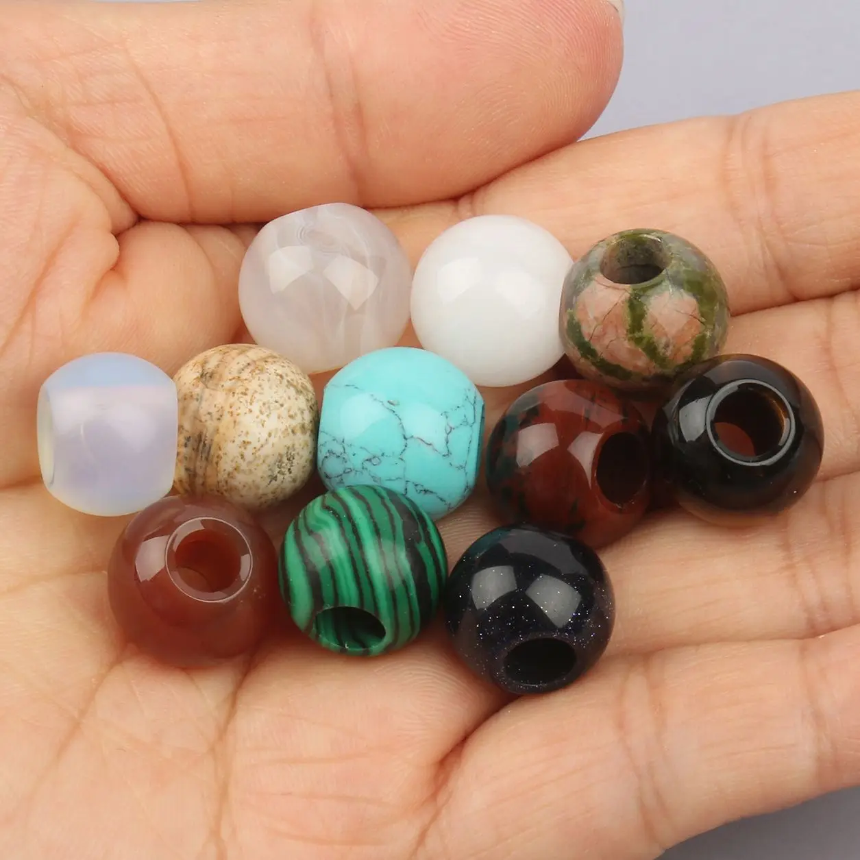 2Pcs/lot Natural Stone Big Hole Beads 14x12mm Turquoises Tiger Eye Agates Round Loose Beads for Making DIY Jewerly Bracelet