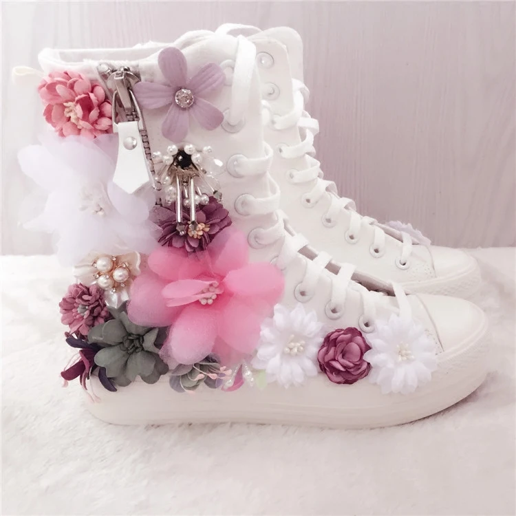 Sapatos de lona de flores doces para mulheres, Sapatos baixos, Top alto, Zíper lateral manual, Flores de strass, Sapatos Pérola Feminina