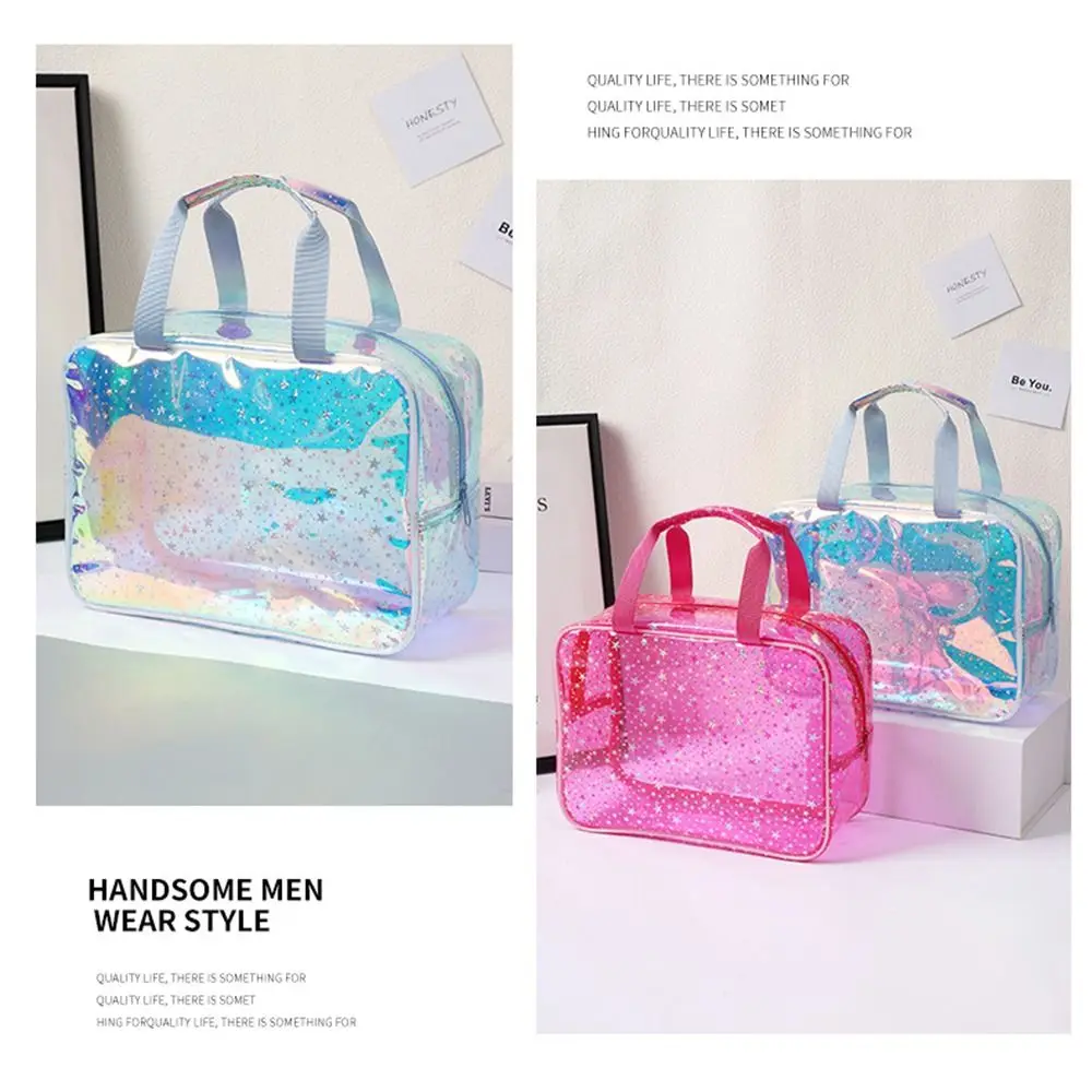 PVC Waterproof Transparent Makeup Bag Glitter Stars pattern Women's Washbag with Handle Smooth zipper Portable Cosmetic Pouch