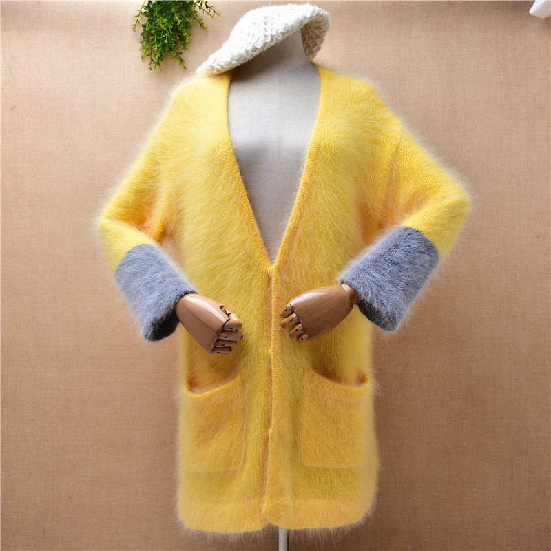 

Ladies Women Fall Winter Soft Hairy Mink cashmere Knitted Colored V-Neck Long Sleeves Loose Cardigan Angora Fur jacket Sweater