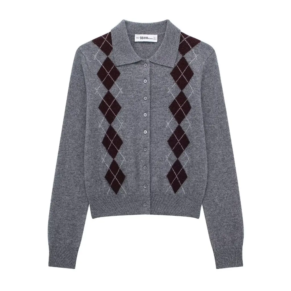 

Women's Diamond POLO Collar Knitted Cardigan Jacket Europe And America Style Spring New A35857