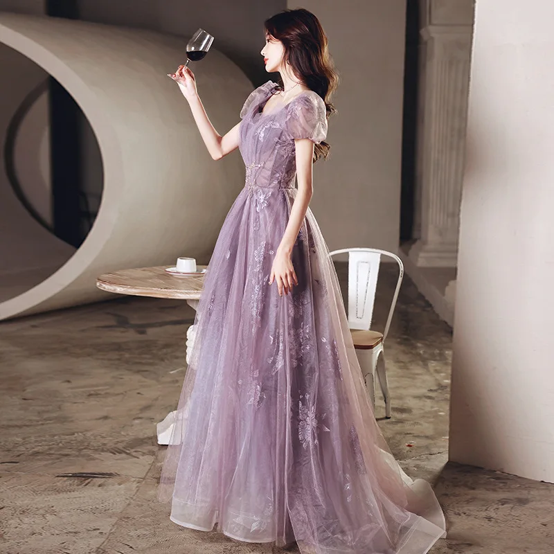 Purple Sexy Sequins Applique Puff Sleeve Back Bandage A-Line Evening Dress Bride Bridesmaid Wedding Tulle Prom Gowns Vestidos