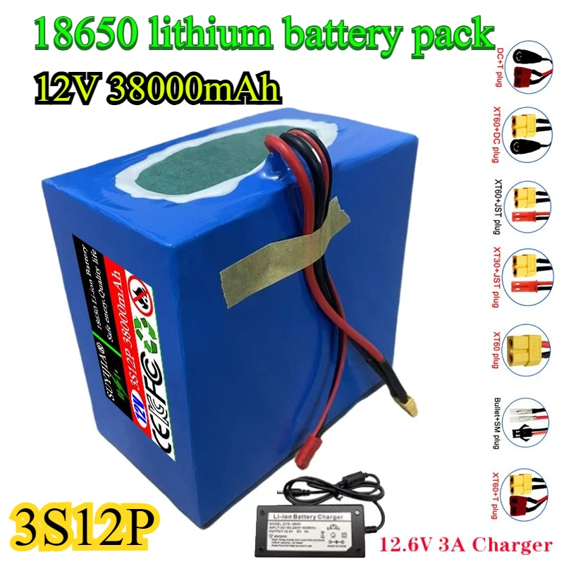 12V 38Ah, 3S12P Battery 12.6V, 38000MAh, BMSLED, Speaker Tool, Toy Car, Lithium Ion Battery 18650, Rechargeable Battery