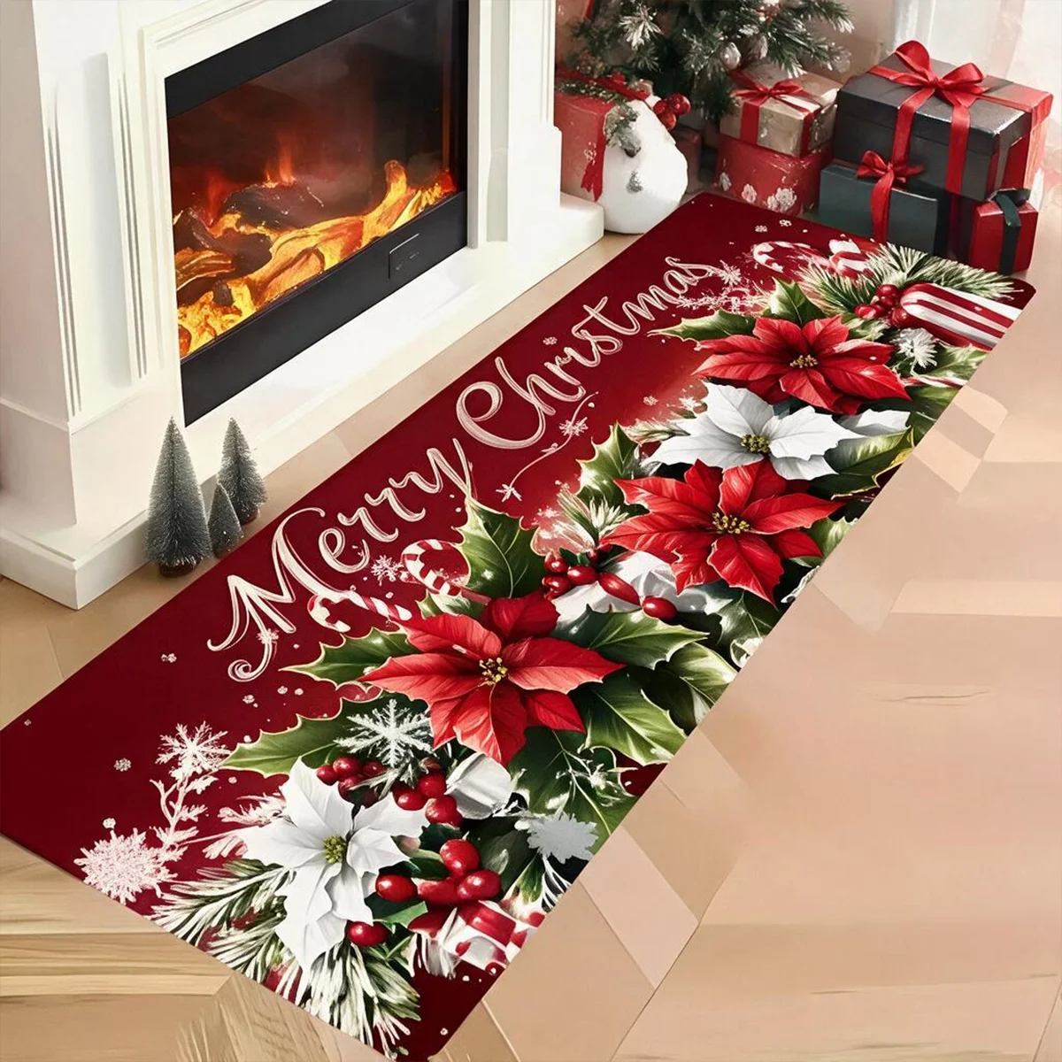 Christmas Kitchen Runner Floor Rug Long Plush Flannel Mat with Holiday Star Pattern Non Slip Water Absorbent