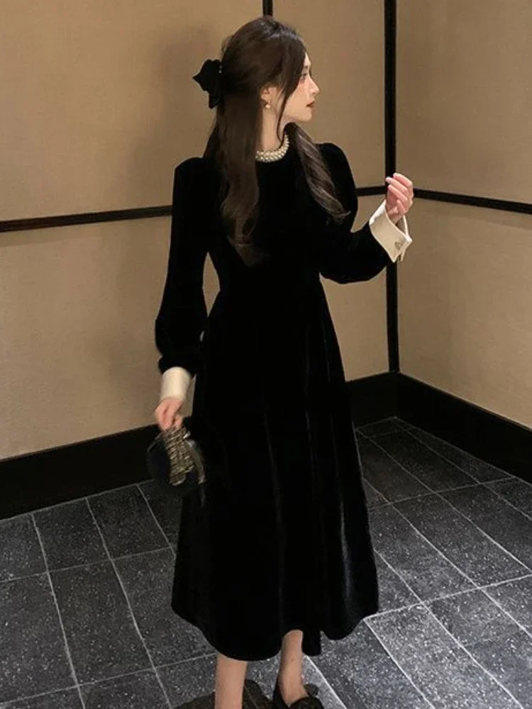 2024 Sweet Woman Party Dresses Korean Vintage Velvet Black Dress Patchwork Robe Elegant Clothes All Match Pearl Vestidos Mujer