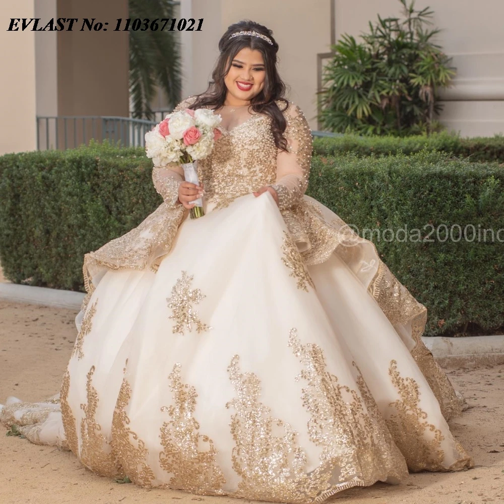 EVLAST 2024 Ivory Quinnceanera Dress Ball Gown God Lace Applique Beaded Pearls Mexican Corset Sweet 16 Vestidos De 15 Anos SQ483