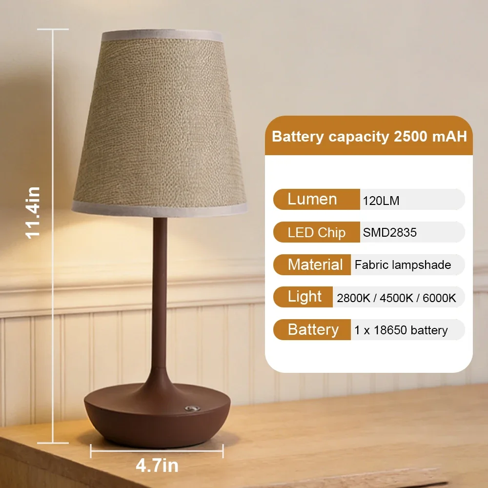 Lampu Meja LED Nirkabel dengan Kap Lampu Kain Vintage, Lampu Meja Portabel 2500mAh, Lampu Samping Tempat Tidur untuk Kamar Tidur, Lampu Malam