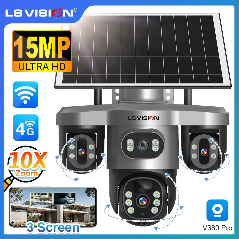 

LS VISION 15MP Three PTZ Lens Solar Camera Outdoor WiFi/4G Three Screen 10X Digital Zoom Auto Tracking Security Cameras V380 Pro