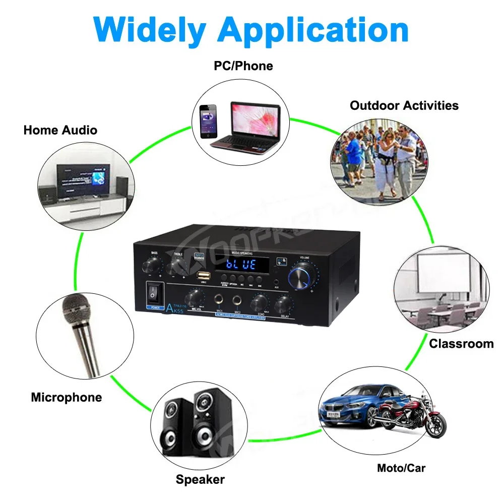 WOOPKER AK55 900 واط مكبر صوت Hifi ستيريو بلوتوث 5.0 مضخم الصوت الرقمي 70 واط + 70 واط مضخم الصوت للمنزل سيارة كاريوكي