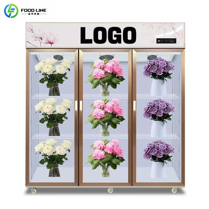 Customized Wholesale Flower Display Cooler MOQ 2 Retail Florist Vertical Frost Free Glass LED Light Flower Display Showcase
