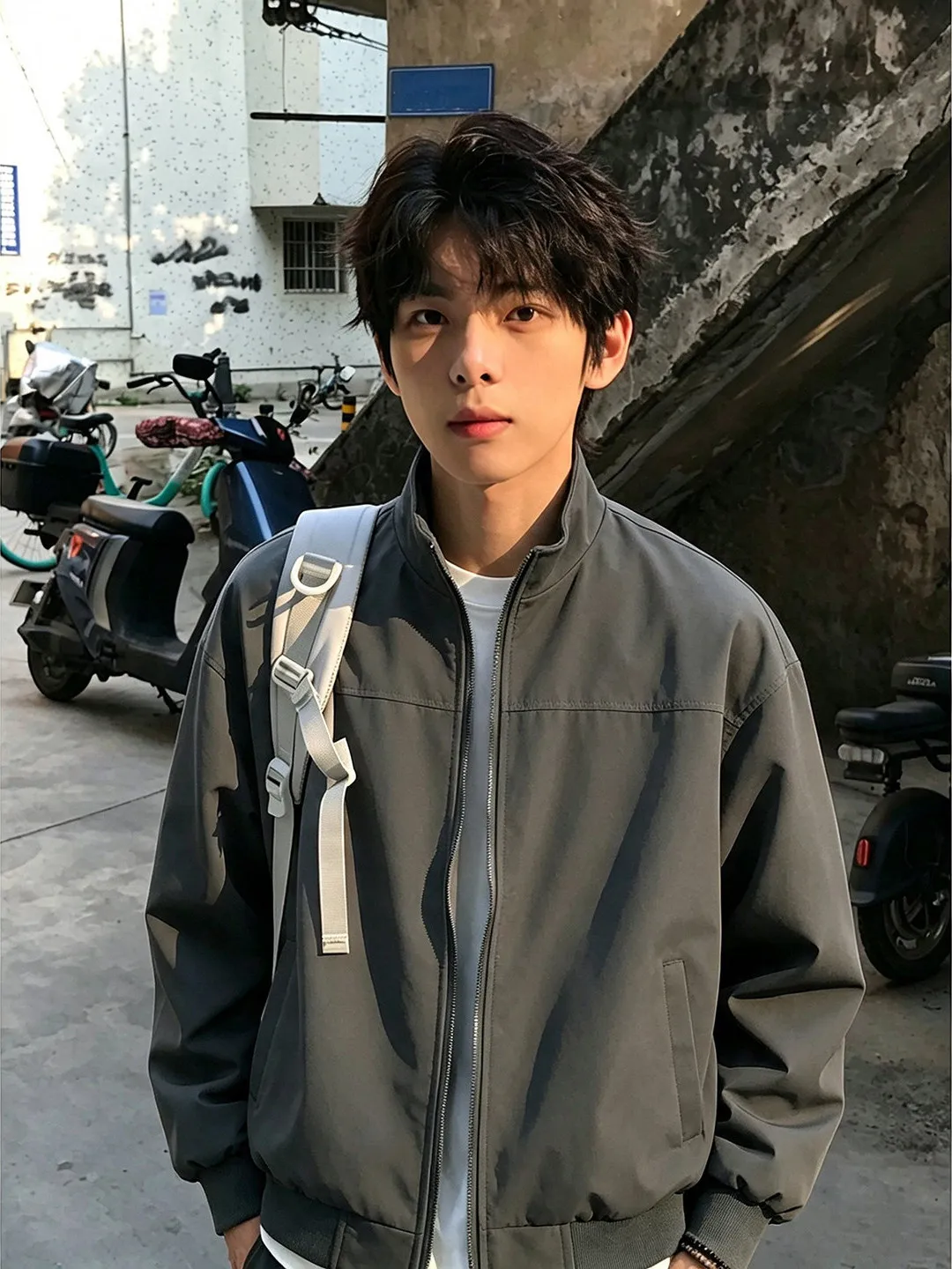 Grey Short Flight Padded Shoulder Jacket Men's Autumn Cleanfit Stand Collar Zipper Coat Casual Style Long Sleeve Outerwear