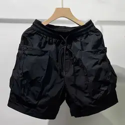 Shorts masculinos soltos com elástico na cintura, shorts casuais com cordão da moda, bolso grande e macio, streetwear esportivo, verão 2024