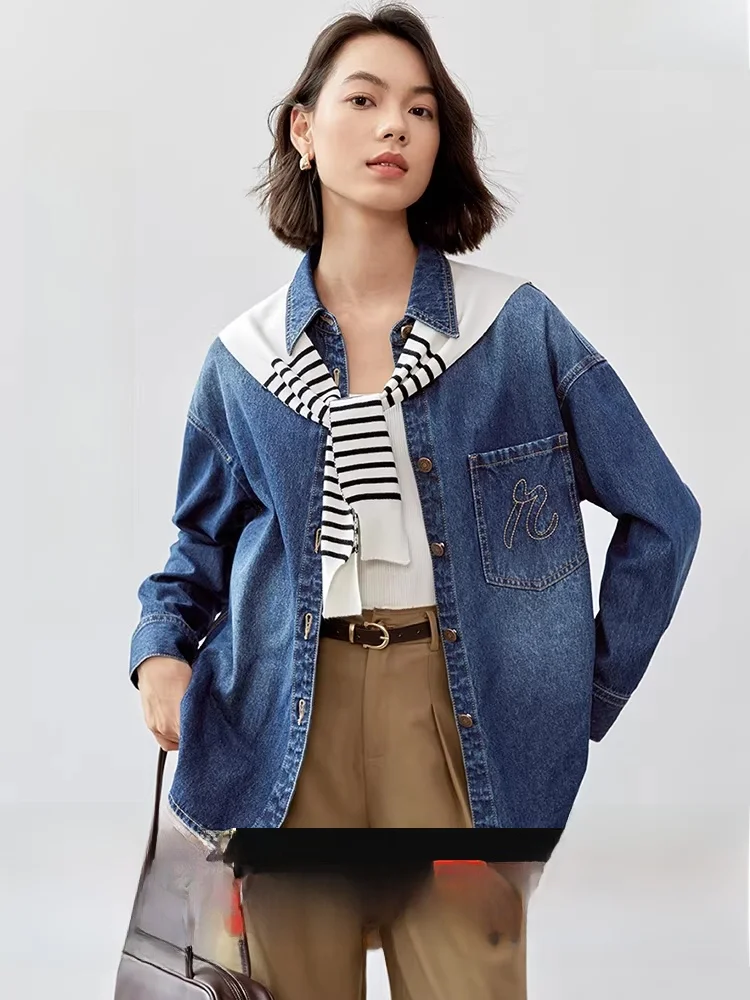 

aduated Wa Denim irt Women's Comfortable Casual Collar Long Sve Cotton Jaet oulder Width Loose Fit Classic Sle