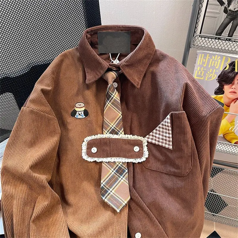 2023 Nieuwe Herfst/Winter Mode Hong Kong Stijl Polo Stropdas Losse Ontspannen Retro Contrast Kleur Hond Geborduurd Corduroy Shirt