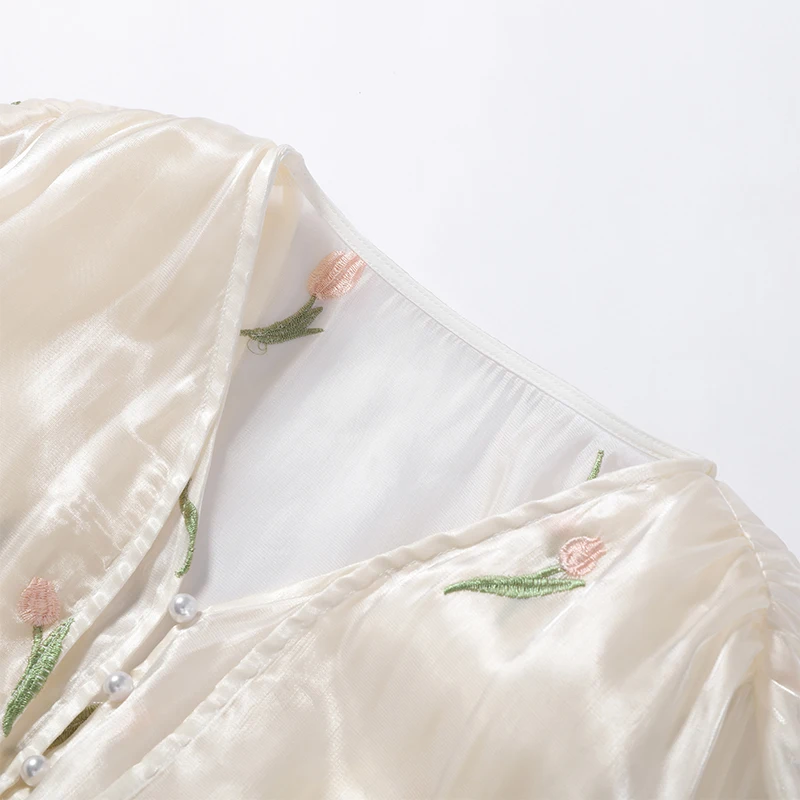 2026 Spring Summer Floral Embroidered Chiffon Wrap Tie Waist Ruffle Mini Dress Sheer V-Neck Romantic Feminine Women Date Vestido