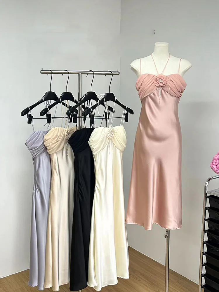 High Quality Solid Satin Dress Fashion Off Shoulder Spaghetti Strap Dress Sexy Luxury Sundress Formal Occasion 2000s Aesthetic