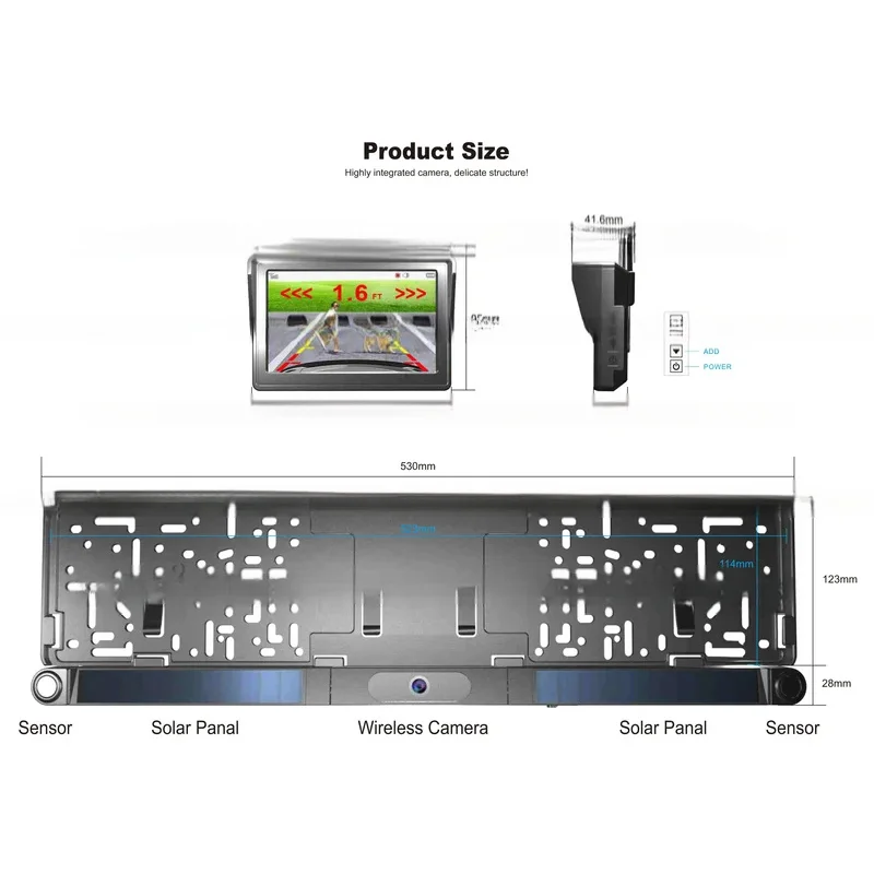 Alat Bantu Mundur Mobil Kamera Tampilan Belakang Lisensi Eropa Nirkabel Digital Surya 5 Inci Dengan Sensor Parkir Ultrasonik