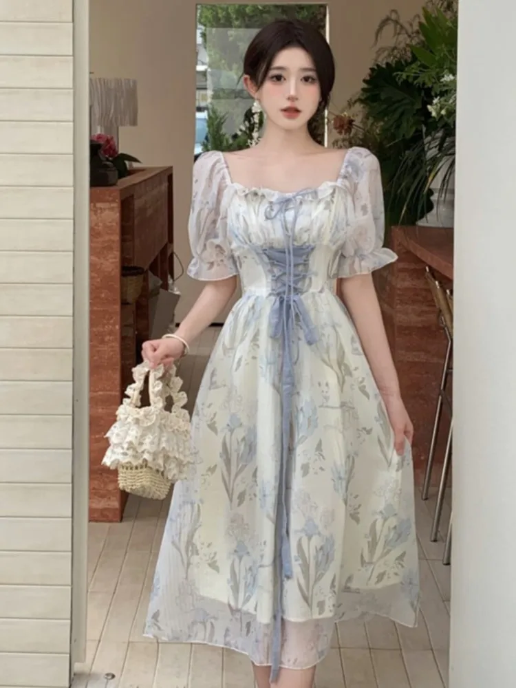 Fashion Summer French Elegant Women's Print Dress Floral Printing Romantic Sweet Square Collar Halter Defined Waist Long Dress