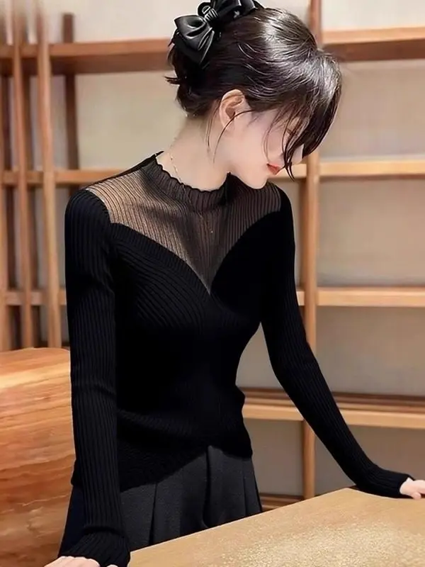 

Women's Knitted Base Shirt Slim Fit Beautiful Design Unique Stylish Black Knitted Top for Autumn Winter Inner Wear