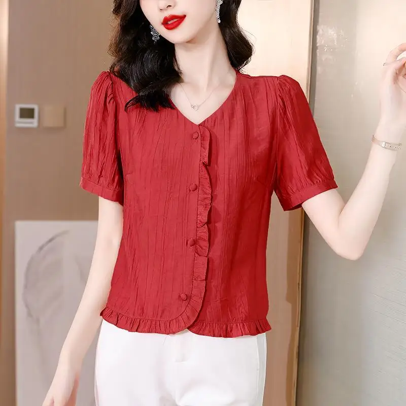 2024 New Summer Women Korean Fashion Ruffle Sweet Chiffon Blouse Elegant V Neck Short Sleeve Shirt Casual Solid Chic Tops Blusas