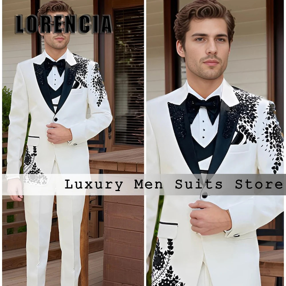 

Elegant Beading Crystal Suits for Male 3 Pieces Peak Label Tuxedos Groom Wedding Customized Blazer Pants roupas masculinas