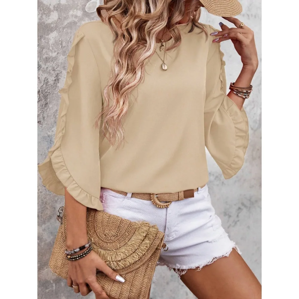 Spring and Summer Boho New Women's Blouses Fashion O-neck Lace Irregular Three-quarter Butterfly Sleeve Top Casual Shirts Women 5