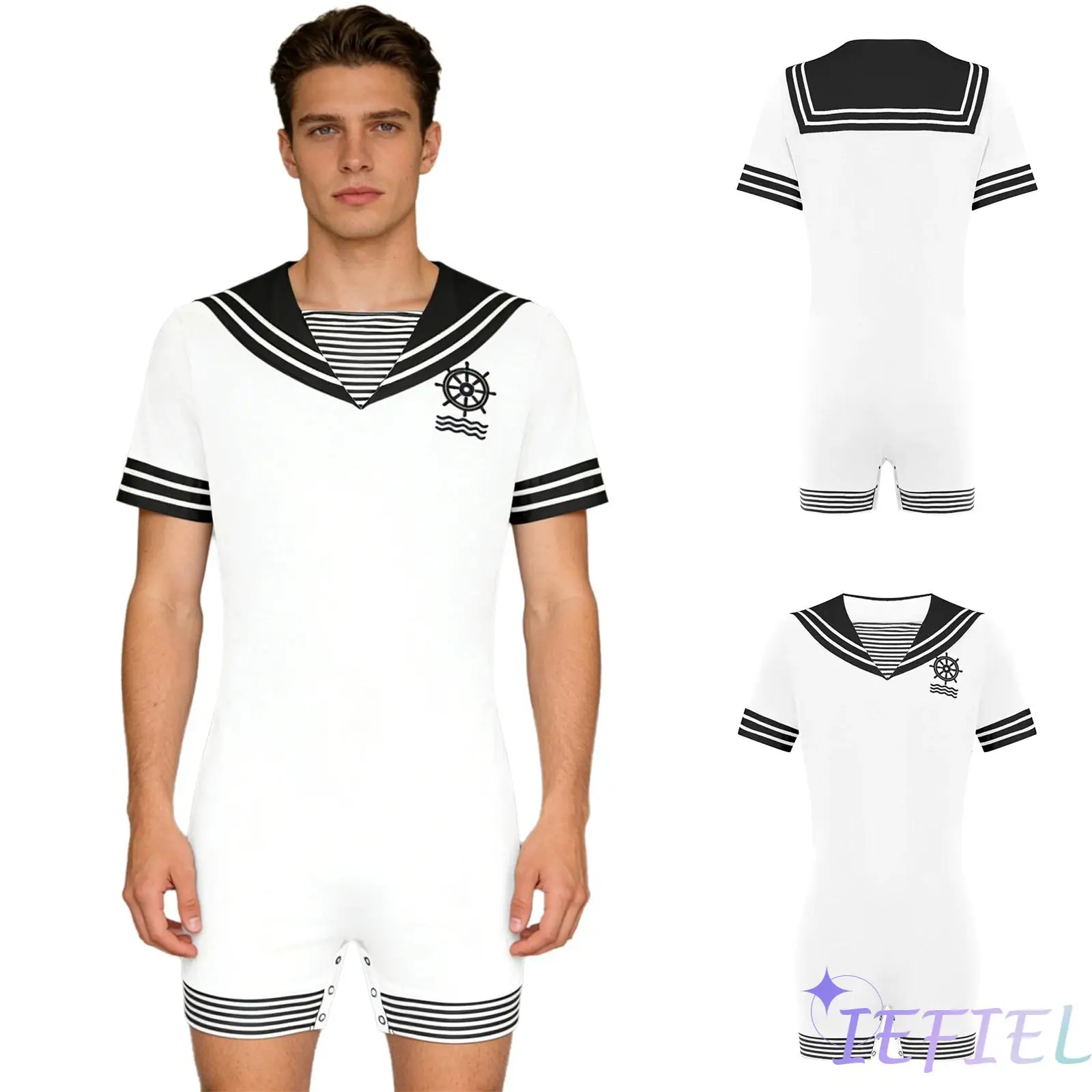 

Homewear Bodysuit for Men Sailor Style Navy Collar Short Sleeve Press Button Crotch Print Jumpsuit Pajamas for Home Lounging