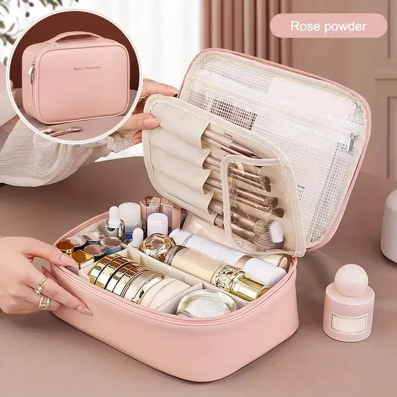 حقيبة مكياج، حقيبة مستحضرات تجميل محمولة، حقيبة مستحضرات تجميل قابلة للفصل ذات سعة كبيرة، منظم مكياج للسفر من مادة البولي يوريثان، مرحاض محمول