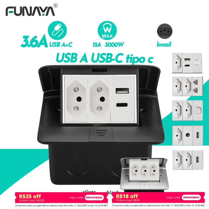 

Brazil BR Pop Up Sockets 10A 2500W 2 3 Outlets with 2.1A usb rj45 hdmi AC110 220V Embedded Sliver Aluminum Alloy Hidden Socket