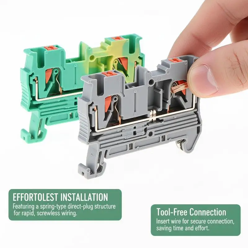 PT2.5 DIN Rail Spring Terminal Block Set 5/10PCS with PE End Cover Anti-Oxidation for Marine Electrical Equipment Wiring Upgrade