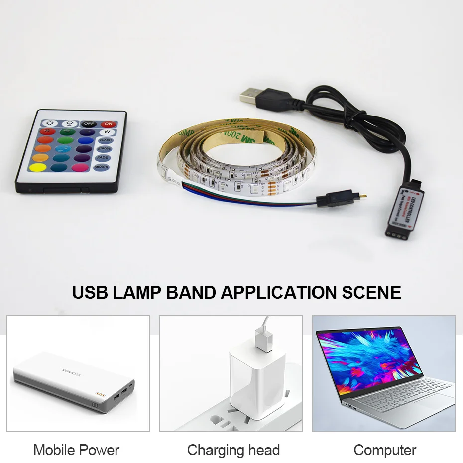 USB LED Strip Light DC 5V Adhesive RGB Tape Remote Control Flexible Ribbon Lamp SMD 3528 For TV Backlight Decoration Lighting