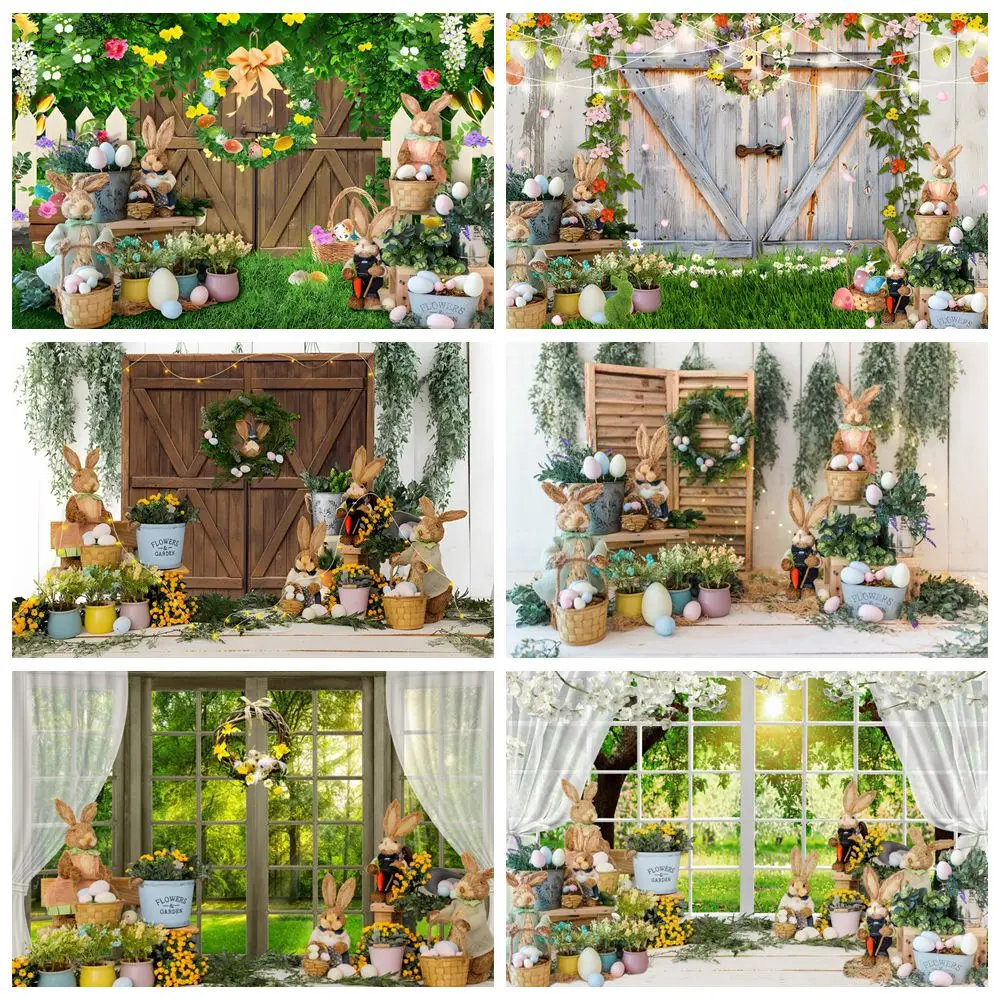 

Spring Easter Photography Backdrop Rabbits Flowers Wood Door Window Bunny Grass Birthday Party Photocall Background Photo Studio