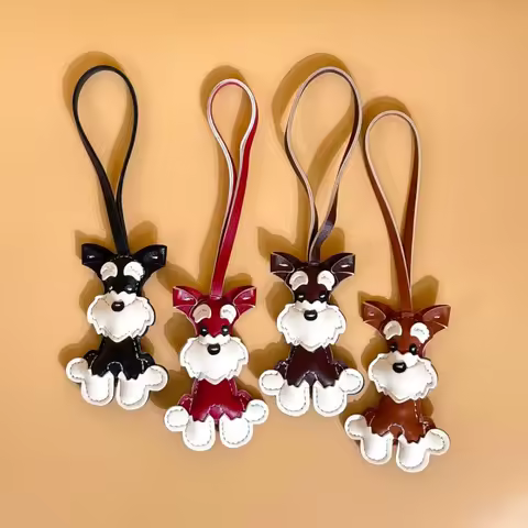 Leather Kawaii Dog Schnauzer Bag Pendant Creative Cute Toys Car Key Ring Chain Hand-stitched Birthday Gifts Schoolbag Accessorie